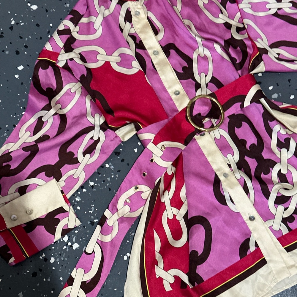 Zara belted jewelry print pink and cream shirt - Picture 3 of 4